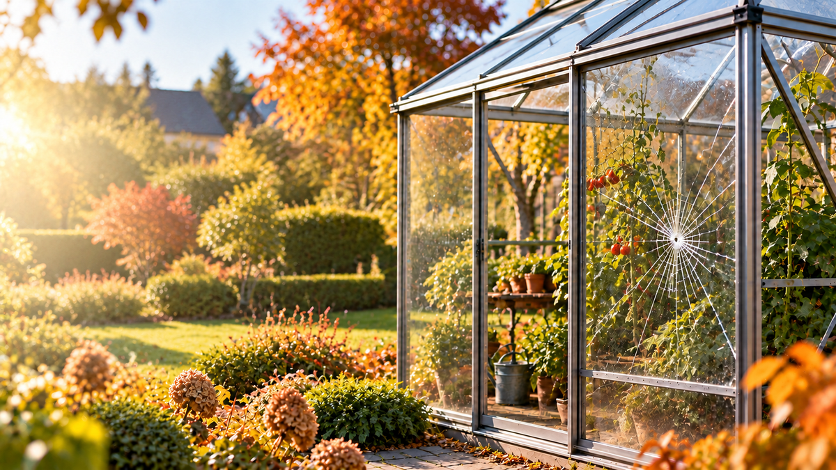 A glass greenhouse in a sunlit garden, one pane of which has a noticeable spider web-like crack.