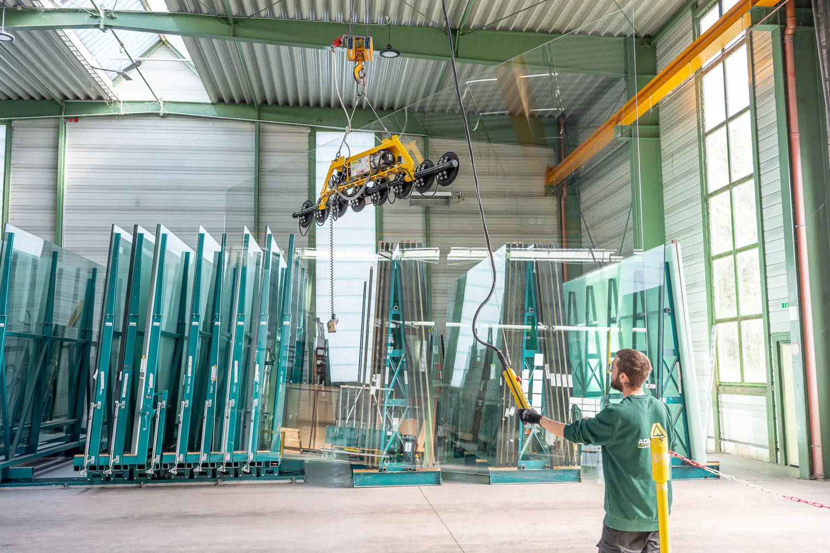 Ein Arbeiter bedient eine Fernbedienung, um eine große Glasscheibe mit Hilfe eines gelben Saughebers in einem mit anderen Glasscheiben gefüllten Lager zu bewegen.