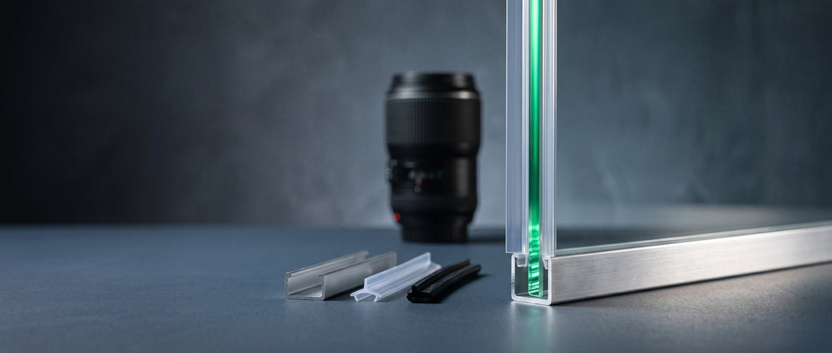 Glasscheibe in Aluminium-U-Profil mit transparentem Duschdichtungsprofil