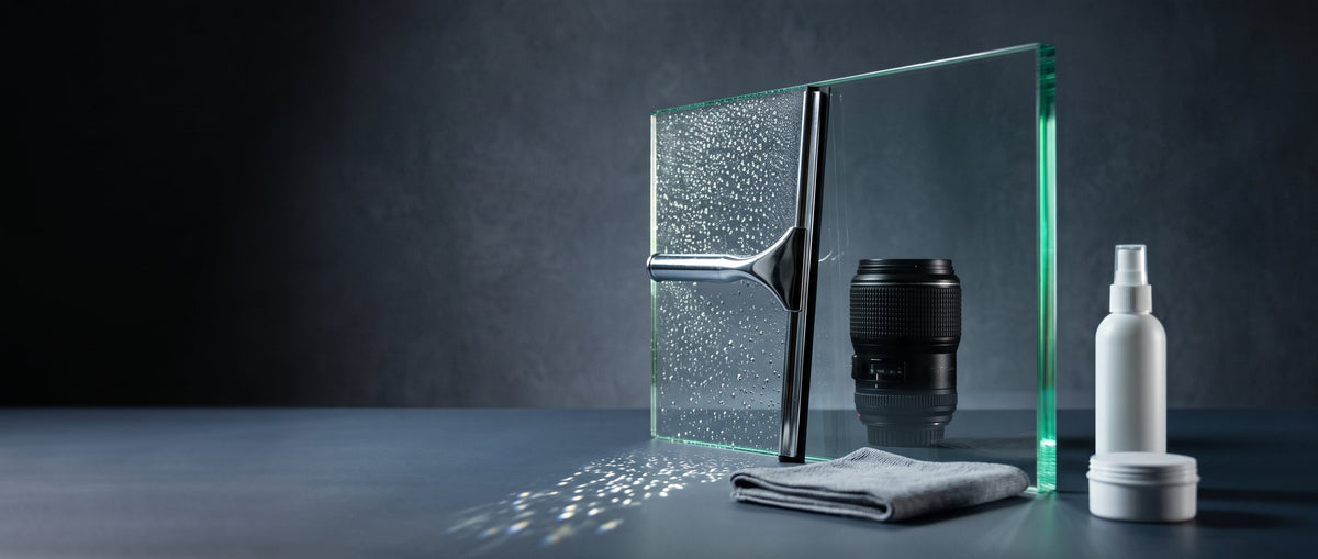 Glasscheibe mit abperlenden Wassertropfen, Abzieher, Mikrofasertuch und Glasreiniger