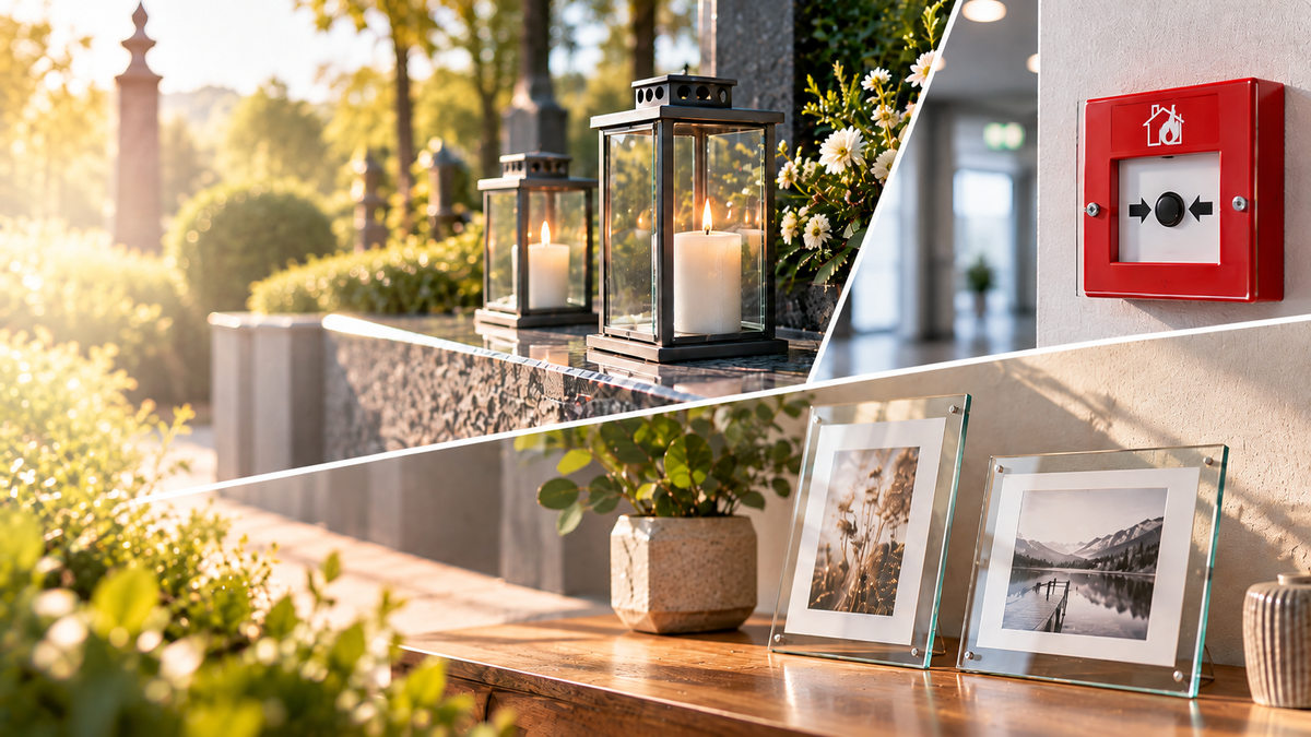 A collage of lanterns with burning candles on a stone ledge, a red fire alarm and two framed photos on a wooden surface.