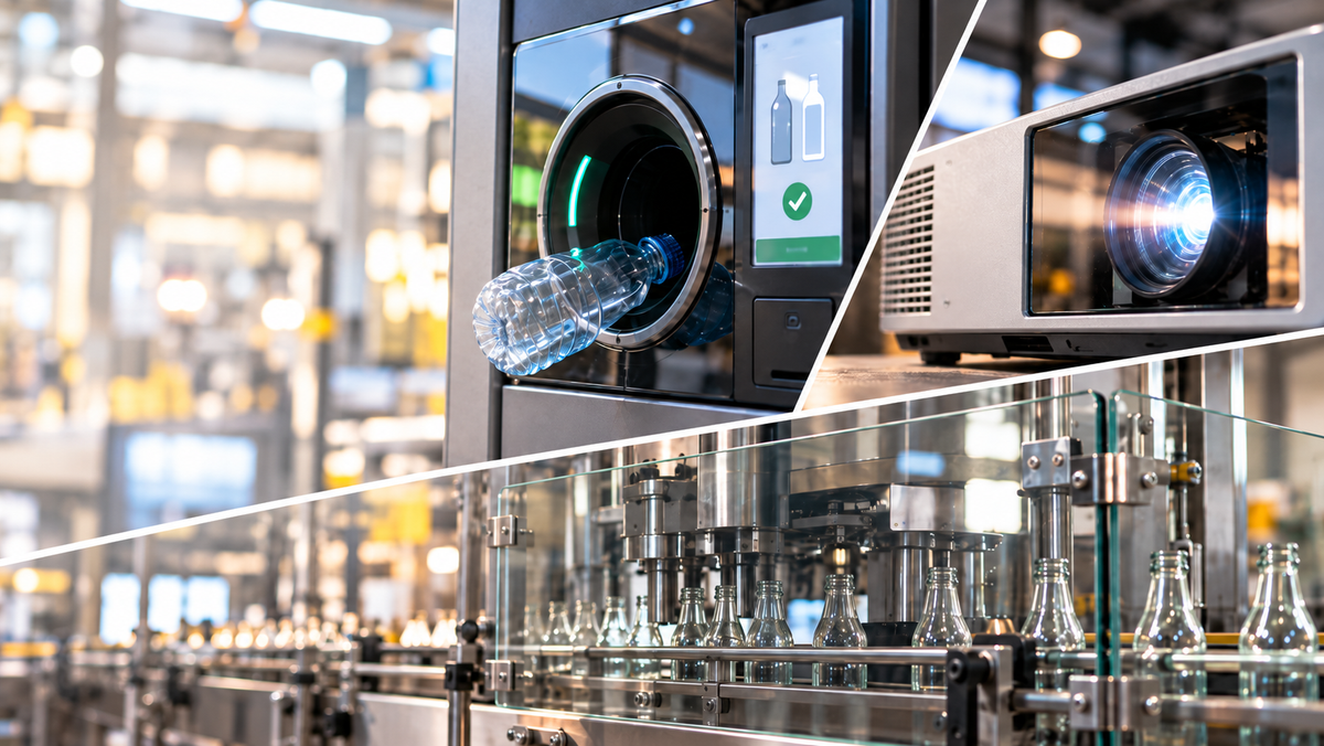 A composite image showing a plastic bottle being fed into a recycling machine, as well as a projector lens and an automated glass bottle filling line.