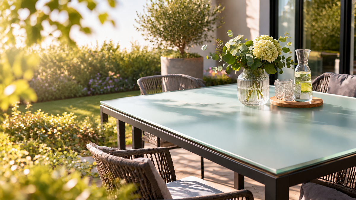 Outdoor dining table with a frosted glass top on which stands a glass flower vase and a jug with water and lime slices.