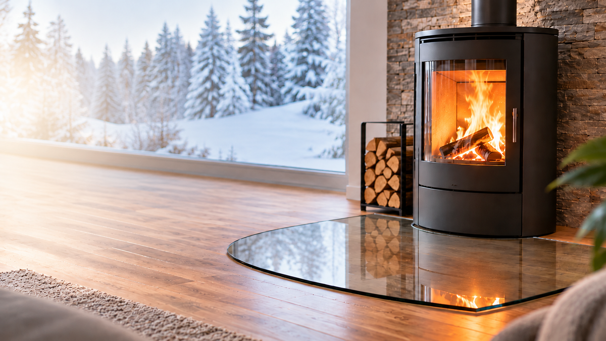 A modern glass-fronted wood-burning stove sits on a glass base with a fire burning inside, right next to a window overlooking a snowy forest.